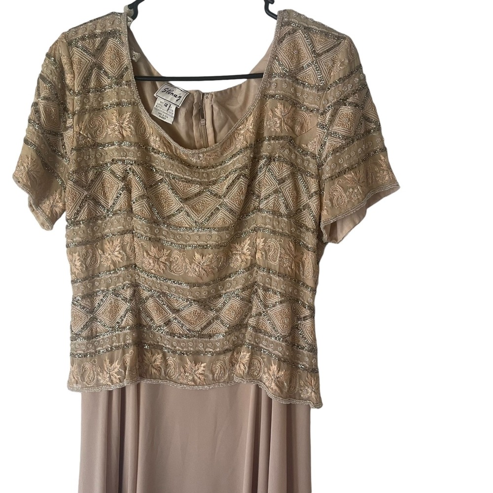 Stenay Vintage 90s Size 12 Beaded 100% Silk Beige Floral Maxi Dress Festival